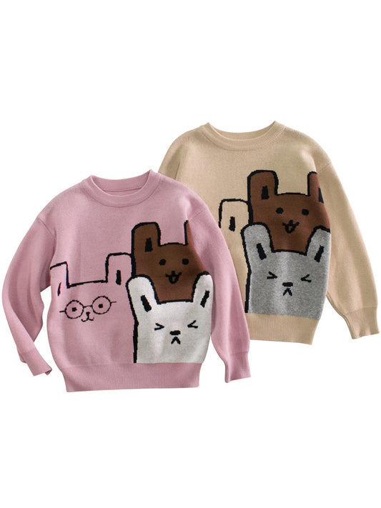 Baby Girls Kids Cute Animals Pattern Crew Neck Long Sleeves Knit Pullover