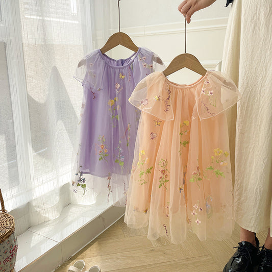 New Design Summer Kids Girls Elegant Style Floral Embroidered Mesh Sleeveless Dress