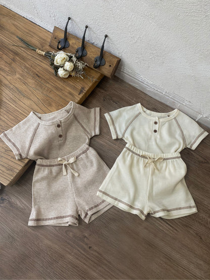 Arrival Summer Baby Kids Short Sleeves Waffle Grid T-shirt and Shorts Clothing Set