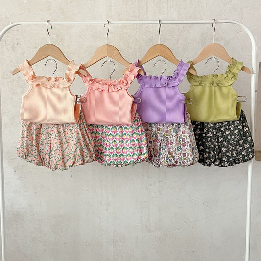 Summer Hot Selling Baby Girls Sleeveless Solid Color Strap Top And Floral Shorts Clothing Set, MyKids-USA®, Baby & Toddler Outfits, MyKids-USA -  -  -  -  -  -  - 
