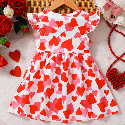 Summer Baby Kids Girls Fly Sleeves Hearts Pattern Red Dress