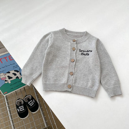 Autumn Baby Kids Boys Letters Embroidery Pattern Knitted Crew Neck Cardigan (Solo), Denim Pants and Striped Shirts, MyKids-USA®, Baby & Toddler Outfits, MyKids-USA - Size/Age - 73 (6-9M) - Color - Grey -  -  - TR2408222053-B
