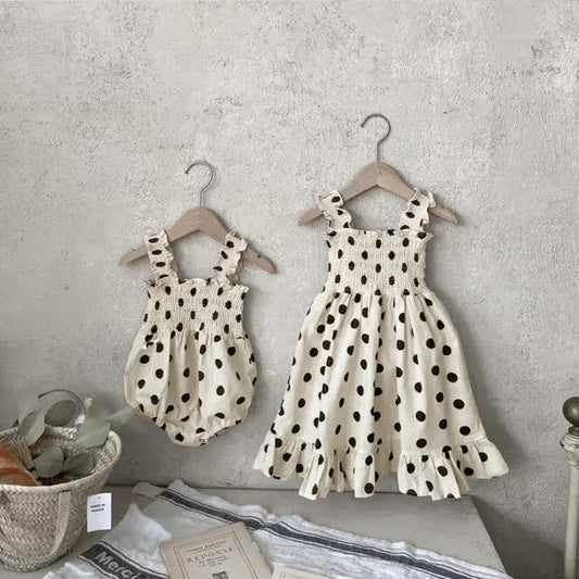 Baby Girl Dot Pattern Sling Onesie & Dress In Summer