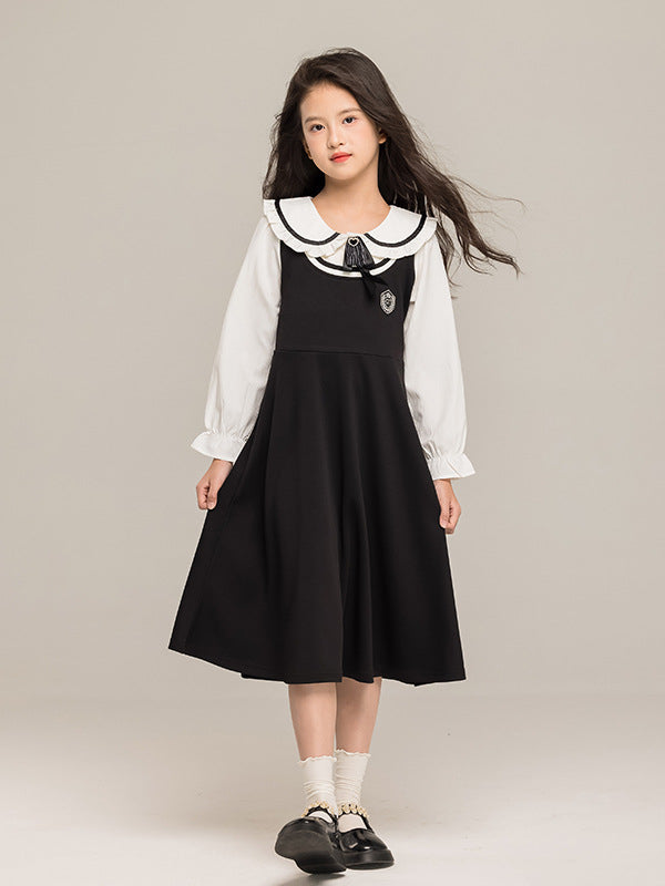 Arrival Autumn Kids Girls Long Sleeves Peter Pan Collar Shirt and Preppy Sleeveless Dress Sets