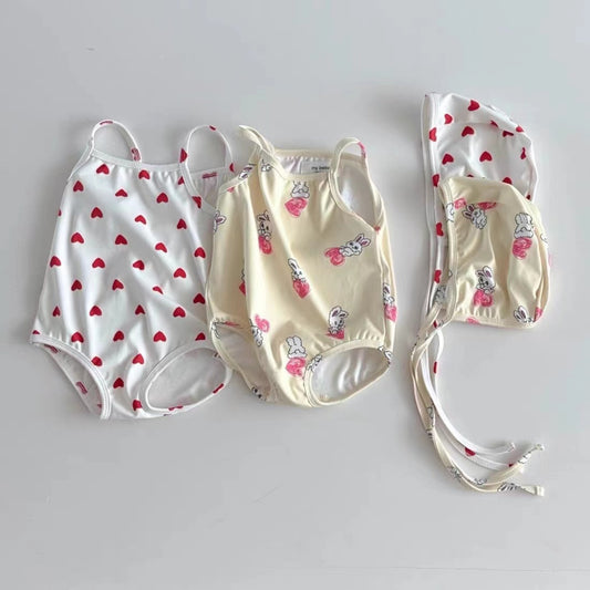 Arrival Girls’ Hearts and Cartoon Pattern Swimwear with Hat Set