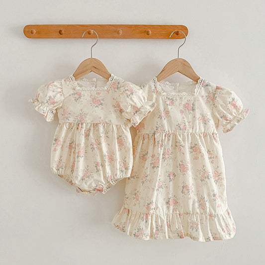 Summer Girls Floral Pattern Square Neck Onesies And Girls’ Dress – Princess Sister Matching Set, MyKids-USA®, Baby & Toddler Outfits, MyKids-USA -  -  -  -  -  -  - 