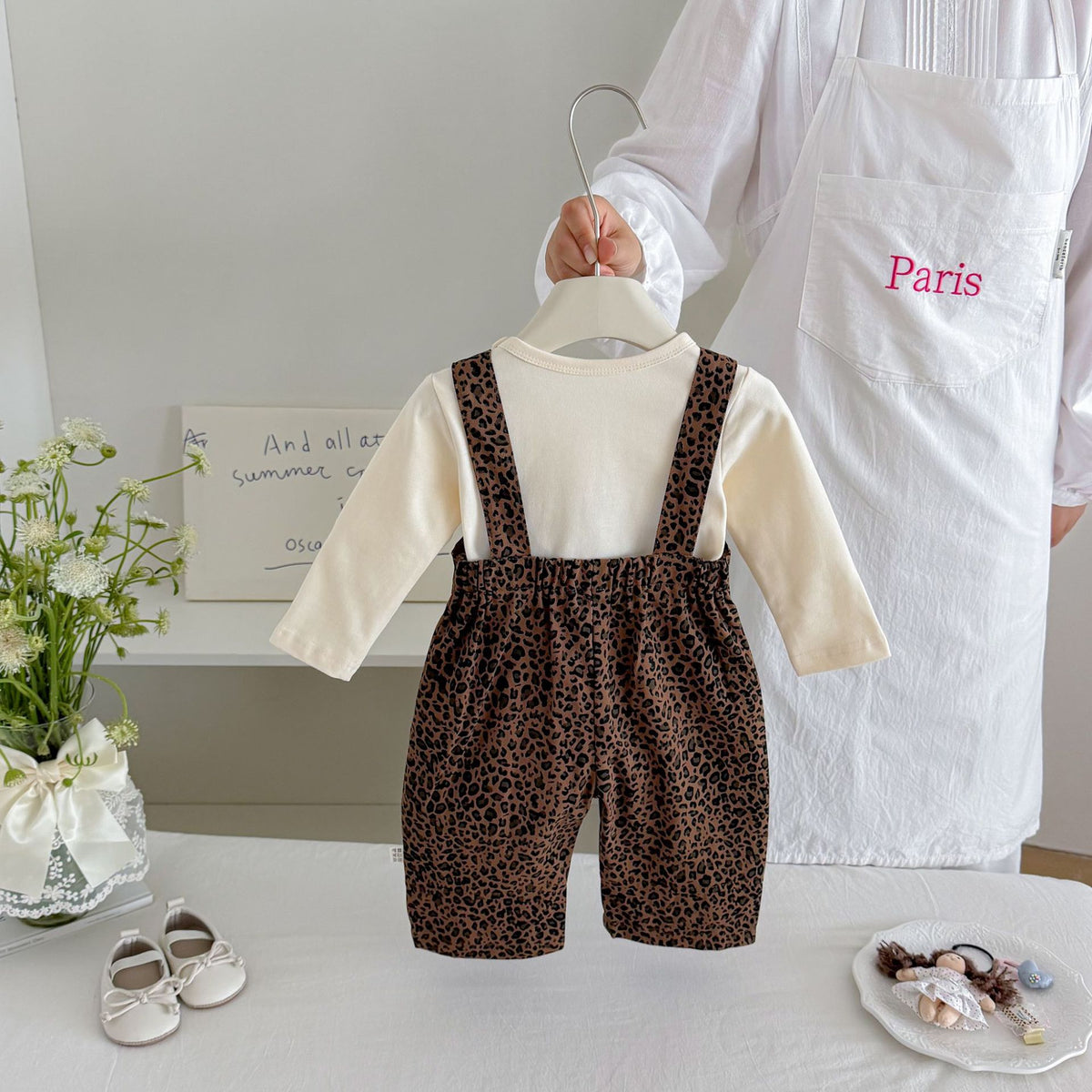 MyKids-USA® Hot Selling Autumn Baby Kids Long Sleeves Solid Color Top and Sleeveless Leopard Overalls Set