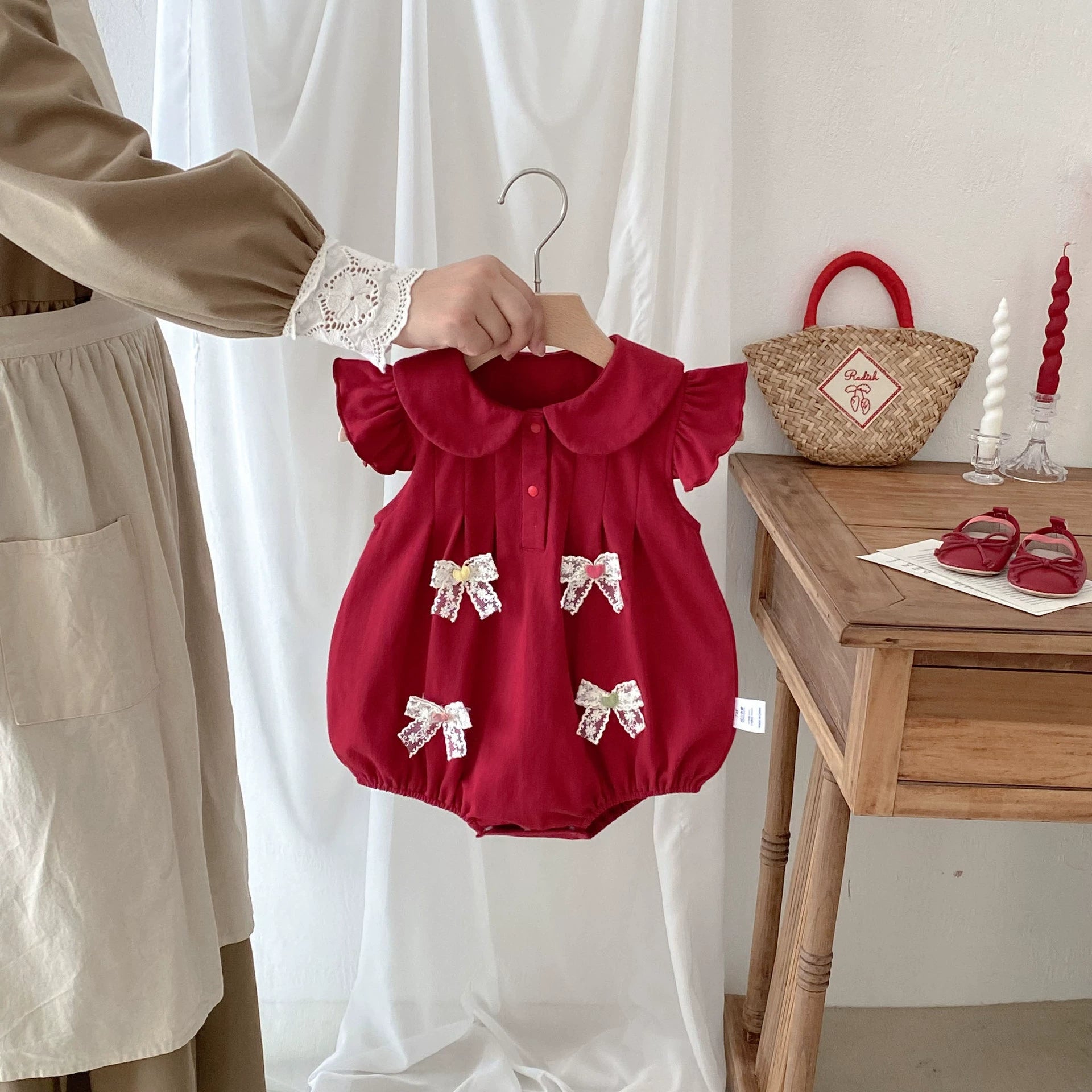 Summer Arrival Baby Girls Cute Fly Sleeves Butterfly-bows Decorated Onesies, MyKids-USA®, Baby One-Pieces, MyKids-USA - Size/Age - 66 (3-6M) - Color - Red -  -  - TR2506192011-A