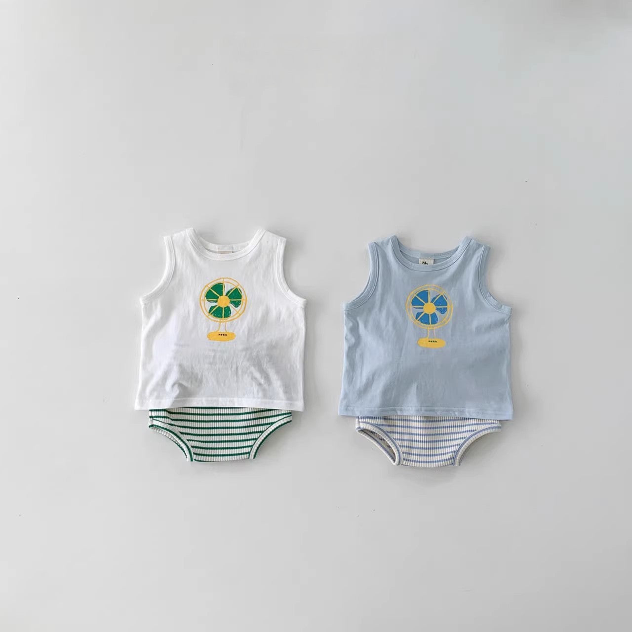 Summer Baby Kids Unisex Cartoon Pattern Top Vest And Striped Bloomers Clothing Set