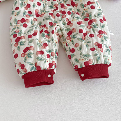 Winter Arrival Baby Girls Long Sleeves Cherry Pattern Fleece-Lined Rompers