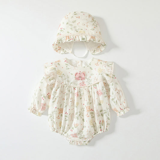 Spring Arrival Baby Girls Flowers Pattern Long Sleeved Onesies with Hat, MyKids-USA®, Baby One-Pieces, MyKids-USA - Size/Age - 66 (3-6M) - Color - Apricot -  -  - TR2501171049-A