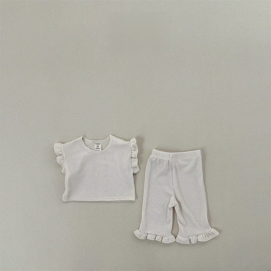 Summer Baby Kids Girls Solid Color Simple Casual Fly Sleeves T-Shirt And Pants Clothing Set