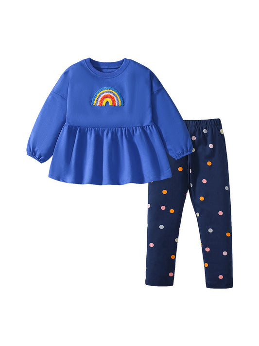 Spring And Autumn Girls Cute Rainbow Embroidery Pattern Long Sleeves Top Dress And Polka Dots Pants Clothing Set, MyKids-USA®, Baby & Toddler Outfits, MyKids-USA - Size/Age - 90 (12-24M) - Color - Blue -  -  - TR2407131658-A