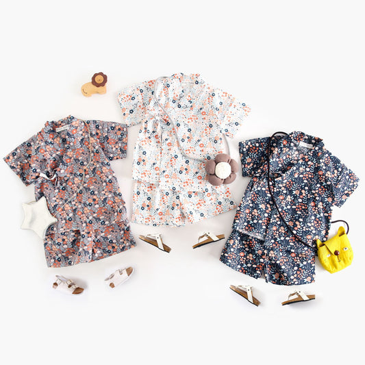 Summer Baby Kids Unisex Floral Print Casual V Neck T-Shirt And Shorts Clothing Set