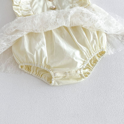 Summer Arrival Baby Girls Sleeveless Flowers Pattern Tulle Patchwork Bodysuit Dress