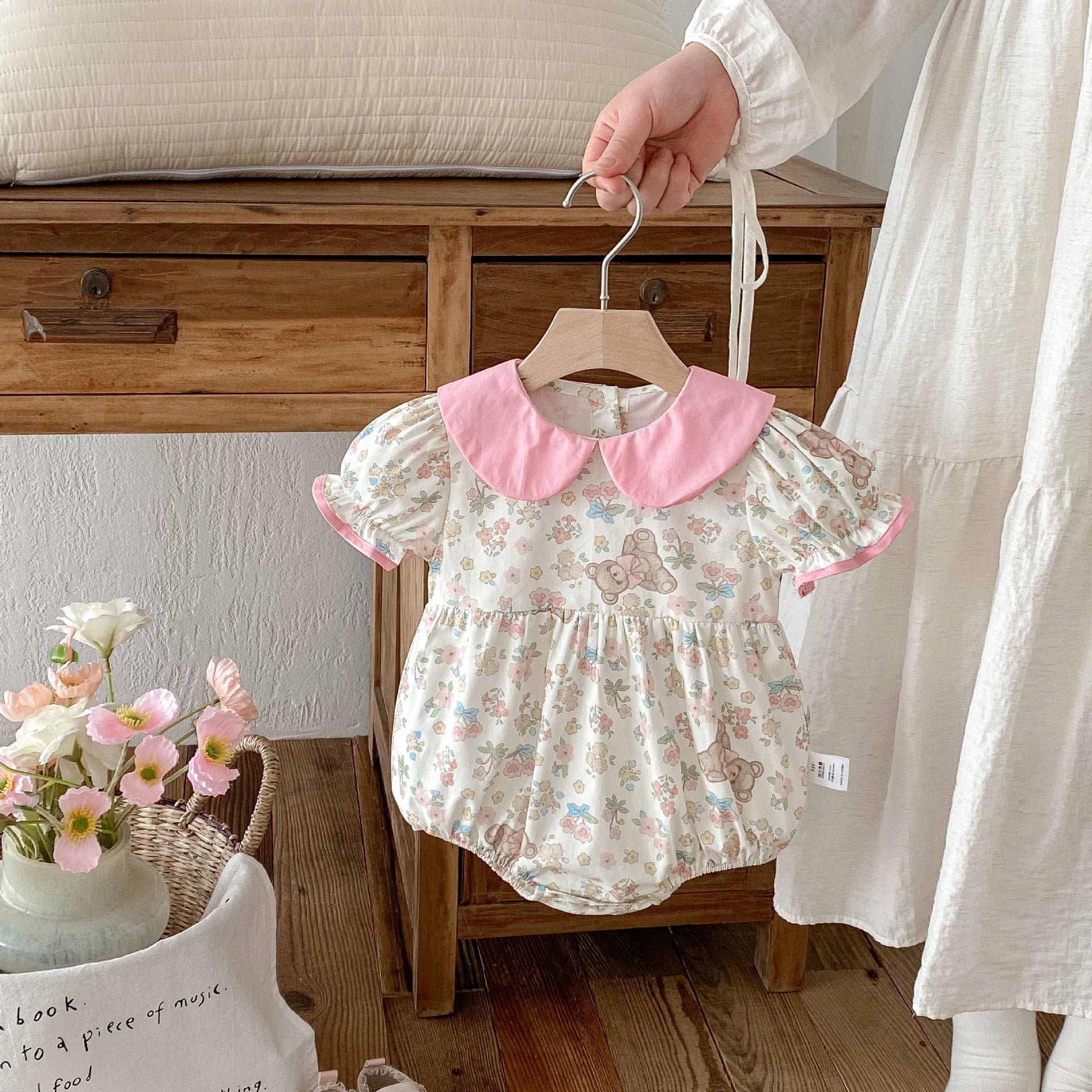 Summer Arrival Baby Girls Cute Teddy Bears and Floral Pattern Short Sleeves Onesies, MyKids-USA®, Baby One-Pieces, MyKids-USA - Size/Age - 66 (3-6M) - Color - Beige -  -  - TR2504222048-A