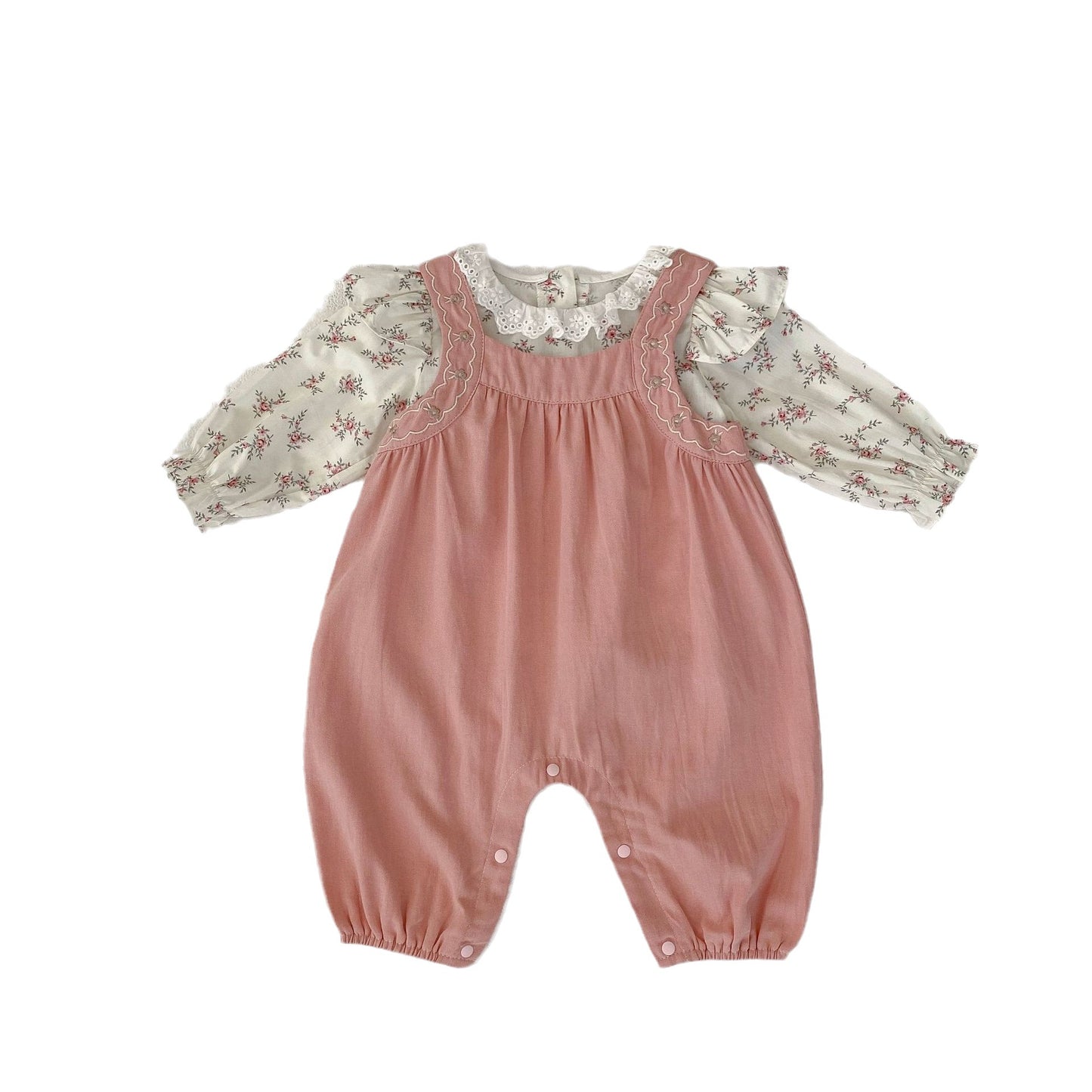 Floral Pattern Blouses With Pink Overalls Sets