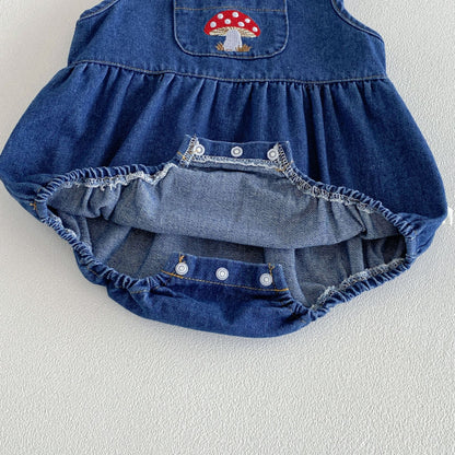 Summer Arrival Baby Girls Sleeveless Mushroom Pattern Denim Bodysuit
