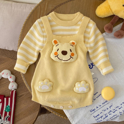 Baby Kids Unisex Long Sleeves Striped Pattern Top and Cartoon Bodysuit Overalls Knitted Clothing Set, MyKids-USA®, Baby & Toddler Outfits, MyKids-USA - Size/Age - 66 (3-6M) - Color - Yellow -  -  - TR2512082136-C.