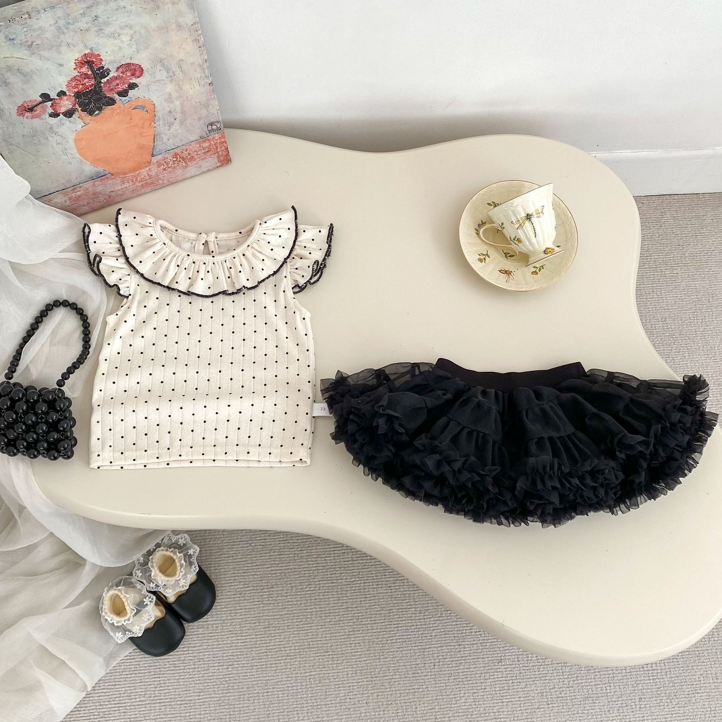 Summer Baby Kids Dots Pattern Fly Sleeves Top Vest with Black Skirt Clothing Set for Girls, MyKids-USA®, Baby & Toddler Outfits, MyKids-USA -  -  -  -  -  -  - 