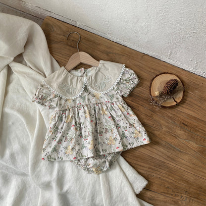Summer Arrival Baby Girls Short Sleeves Vintage Flowers Pattern Bodysuit Dress