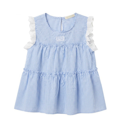 Arrival Summer Baby Kids Girls Sleeveless Plaid Vest and White Skirt