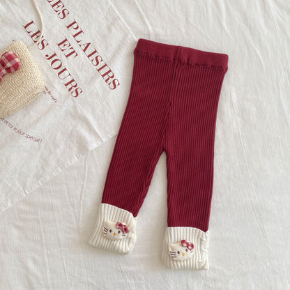 Winter and Spring Baby Kids Girls Long Sleeves Color Patchwork Pullover and Cartoon Pattern Pants Knitted Clothing Set