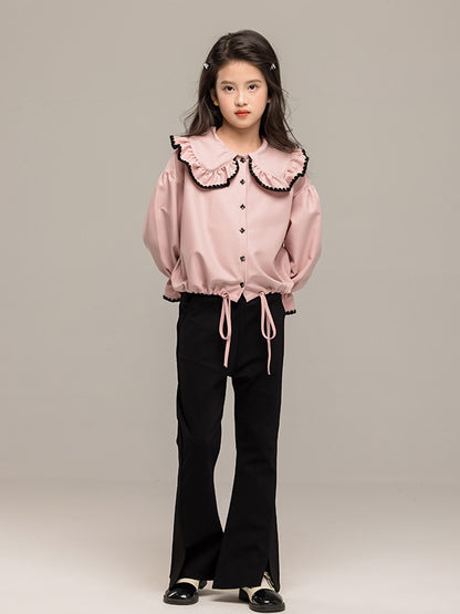 Arrival Autumn Kids Girls Long Sleeves Pink Single Breasted Top and Black Flared Pants Sets