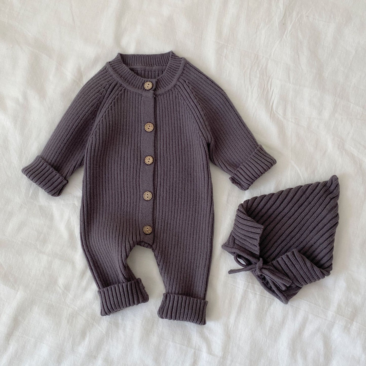 Autumn and Winter Arrival Baby Unisex Long Sleeves Solid Color Knitted Rompers with Hat, MyKids-USA®, Baby One-Pieces, MyKids-USA - Size/Age - 66 (3-6M) - Color - Grey -  -  - TR2512112243-B.