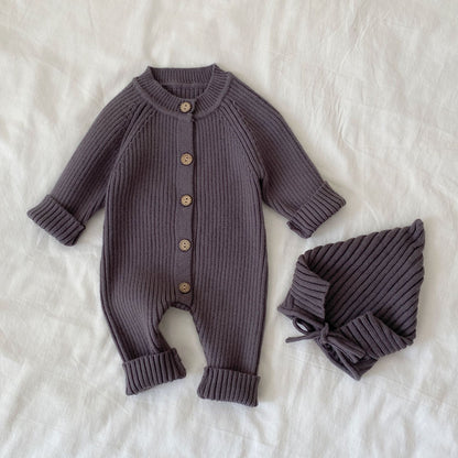 Autumn and Winter Arrival Baby Unisex Long Sleeves Solid Color Knitted Rompers with Hat, MyKids-USA®, Baby One-Pieces, MyKids-USA - Size/Age - 66 (3-6M) - Color - Grey -  -  - TR2512112243-B.