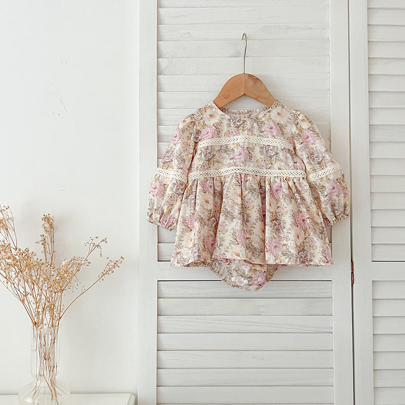 Design Autumn Floral Print Baby Kids Crew Neck Patchwork Onesies And Dress – Princess Sister Matching Set, MyKids-USA®, Baby & Toddler Outfits, MyKids-USA - Size/Age - 66 (3-6M) - Color - Pink -  -  - TR2407210810-B