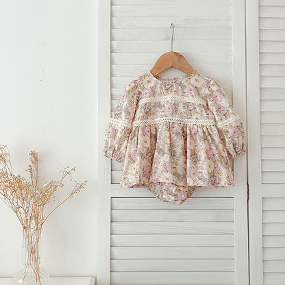 Design Autumn Floral Print Baby Kids Crew Neck Patchwork Onesies And Dress – Princess Sister Matching Set, MyKids-USA®, Baby & Toddler Outfits, MyKids-USA - Size/Age - 66 (3-6M) - Color - Pink -  -  - TR2407210810-B