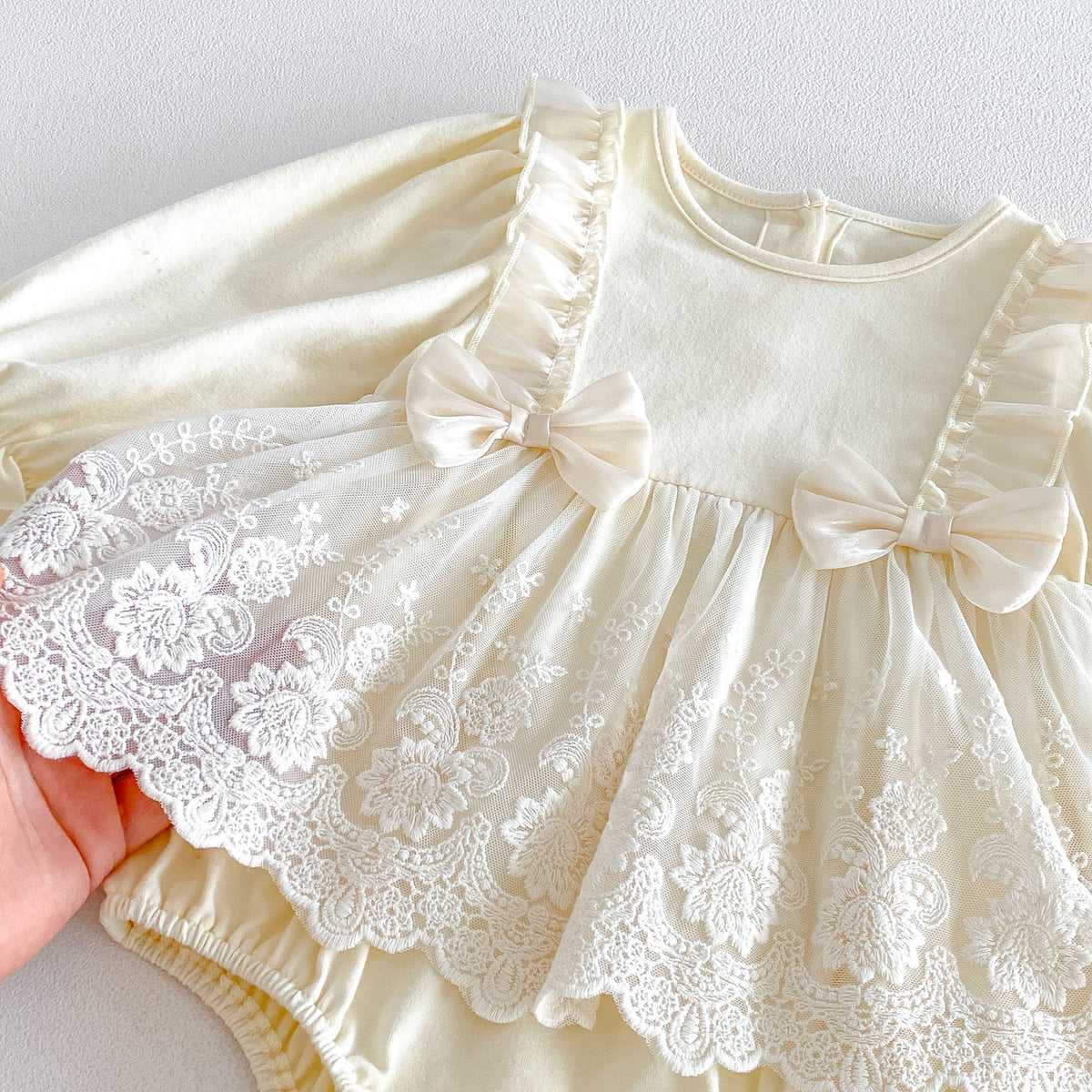 MyKids-USA® Autumn Arrival Baby Girls Long Sleeves Lace Trim Embroidered Pattern Bodysuit Dress
