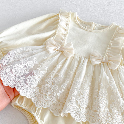 MyKids-USA® Autumn Arrival Baby Girls Long Sleeves Lace Trim Embroidered Pattern Bodysuit Dress