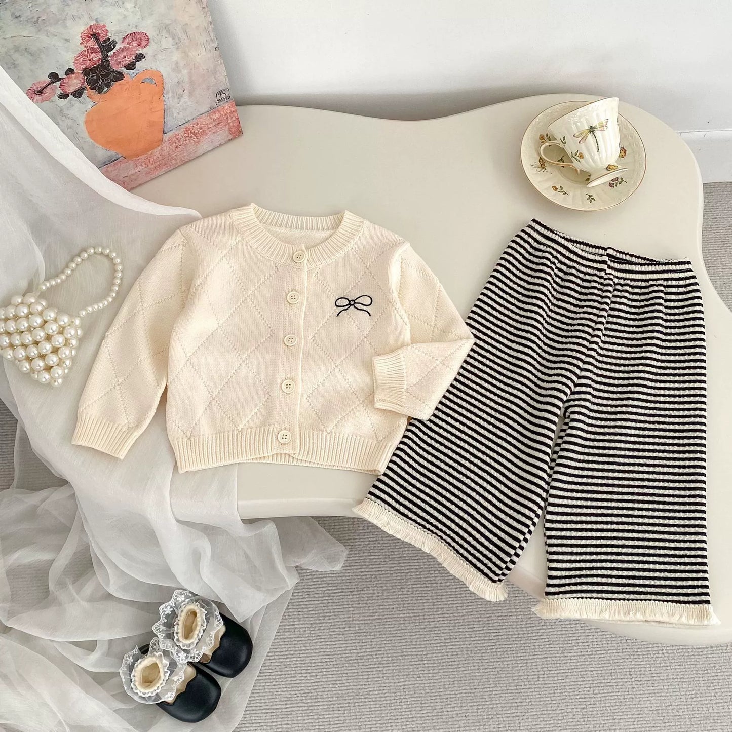 Spring and Autumn Kids Girls Argyle Pattern Long Sleeves Cardigan and Pants Clothing Set, MyKids-USA®, Baby & Toddler Outfits, MyKids-USA - Size/Age - 73 (6-9M) - Color - Beige -  -  - TR2508152129-A