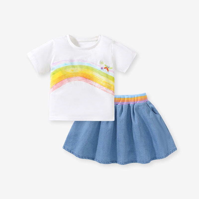 Girls Rainbow Collection Striped Design Top Short Sleeves T-Shirt And Skirt Set