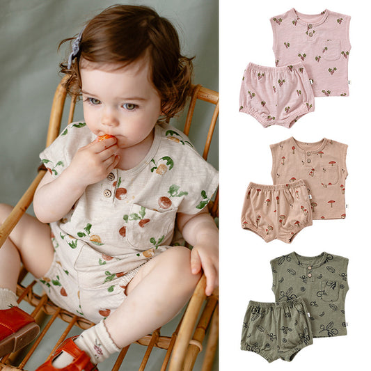 Summer Baby Kids Unisex Floral/Fruit Printing Sleeveless Crew Neck Vest And Shorts Clothing Sets