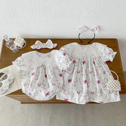 Summer Girls Flowers Pattern Short Sleeves Hollow Out Collar Onesies And Dress – Sister Matching Clothing Set, MyKids-USA®, Baby & Toddler Outfits, MyKids-USA -  -  -  -  -  -  - 