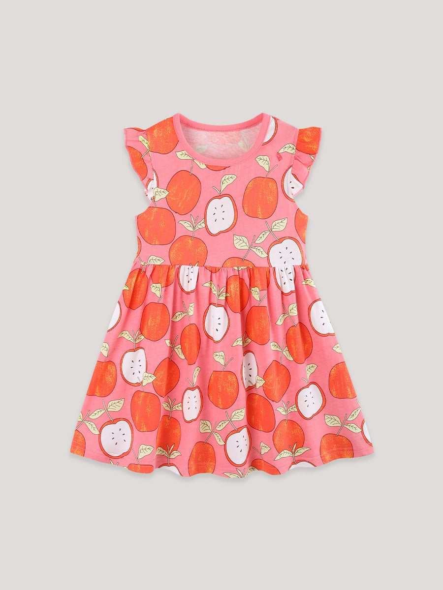 Summer Hot Selling Cute Cartoon Apples Pattern Fly Sleeves Dress for Stylish Girls
