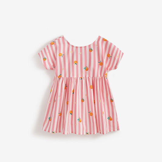 Summer Hot Selling Cute Fruits and Striped Pattern Short Sleeves Dress for Stylish Girls