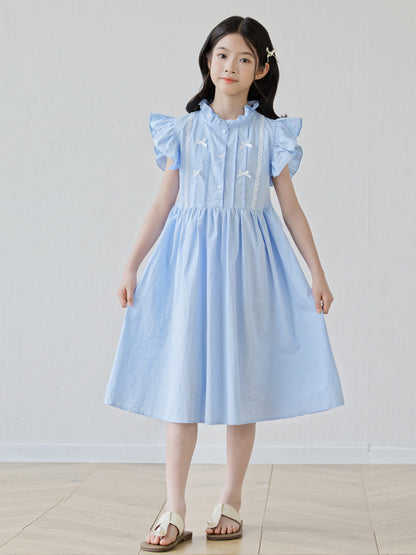 Summer Arrival Fly Sleeves Butterfly-bow and Lace Pattern Dress for Stylish Girls