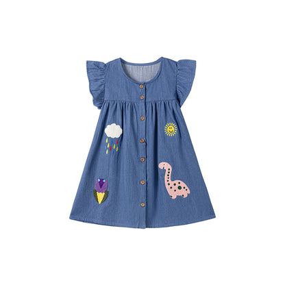 Summer Arrival Denim Cartoon Pattern Fly Sleeves Dress for Stylish Girls, MyKids-USA®, Baby & Toddler Dresses, MyKids-USA - Size/Age - 90 (12-24M) - Color - Blue -  -  - TR2502212338-A