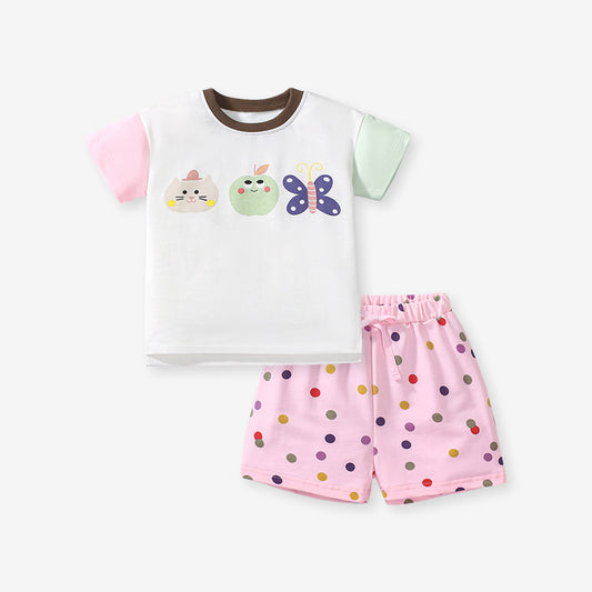 Summer Baby Kids Girls Cartoon Top And Dots Shorts 2-Piece Casual Clothing Set