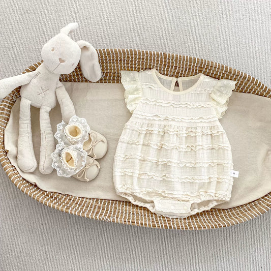 Summer Arrival Baby Girls Cute Fly Sleeves Crew Neck Solid Color Lace Striped Onesies, MyKids-USA®, Baby One-Pieces, MyKids-USA - Size/Age - 66 (3-6M) - Color - Beige -  -  - TR2504082052-A