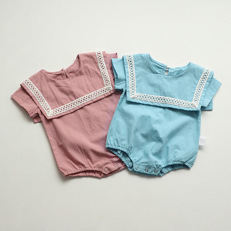 Design Summer Baby Kids Short Sleeves Color Patchwork Bodysuit with Hat