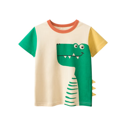 Boys's Cartoon Dinosaur Print Color Patchwork Short Sleeves T-Shirt In European And American Style, MyKids-USA®, Baby & Toddler Tops, MyKids-USA - Size/Age - 90 (12-24M) - Color - Apricot -  -  - TR2407212124-A