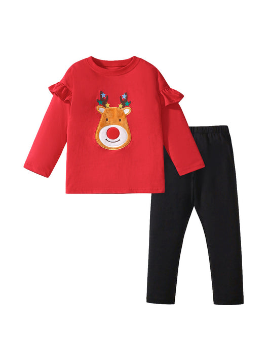 Spring and Autumn Girls Christmas Cartoon Animals Pattern Red Long Sleeves Top Shirt and Solid Color Pants Clothing Set, MyKids-USA®, Baby & Toddler Outfits, MyKids-USA - Size/Age - 90 (12-24M) - Color - Red -  -  - TR2407062348-A