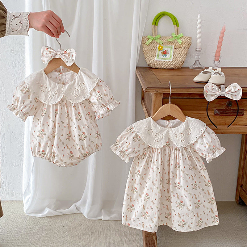 Summer Girls Flowers And Animals Pattern Short Sleeves Hollow Out Collar Onesies And Dress – Sister Matching Clothing Set, MyKids-USA®, Baby & Toddler Outfits, MyKids-USA -  -  -  -  -  -  - 