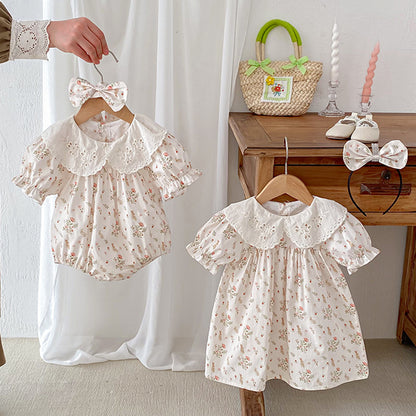 Summer Girls Flowers And Animals Pattern Short Sleeves Hollow Out Collar Onesies And Dress – Sister Matching Clothing Set, MyKids-USA®, Baby & Toddler Outfits, MyKids-USA -  -  -  -  -  -  - 