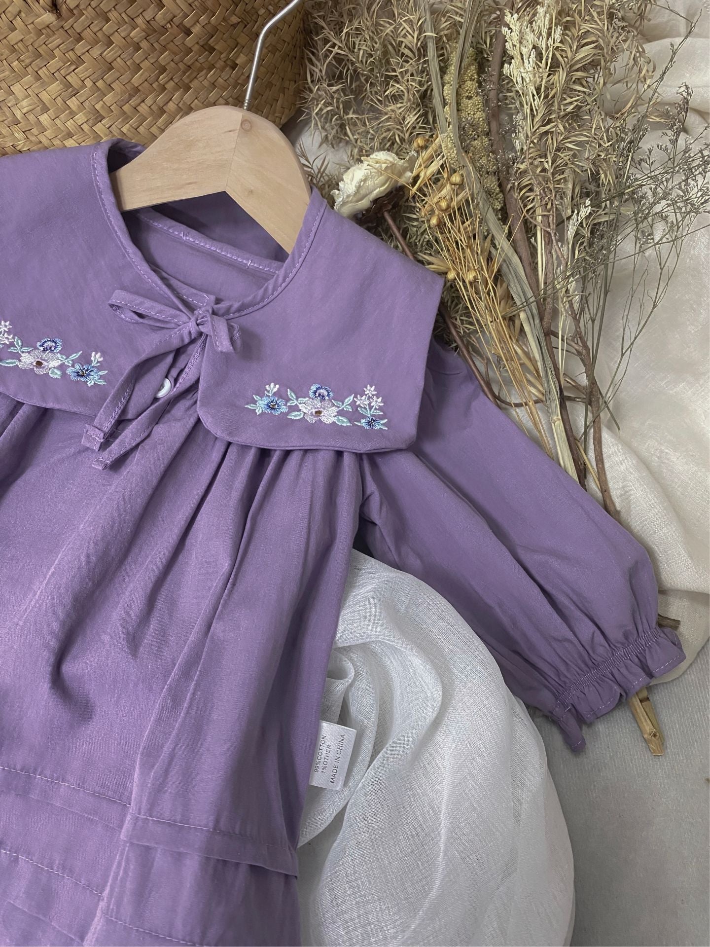 MyKids-USA® Autumn Baby Girls Purple Long-sleeved Bodysuit and Dress with Embroidered Capelet Shawl – Princess Sister Matching Set